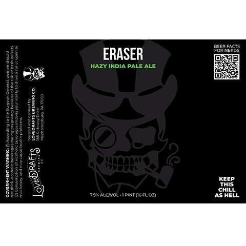 Lovedrafts Eraser Hazy IPA by Lovedrafts Brewing Co., beer label