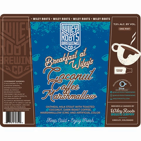 Wiley Roots Breakfast at Wiley's Coconut Coffee Marshmallow Oatmeal Milk Stout by Wiley Roots Brewing Co, beer label