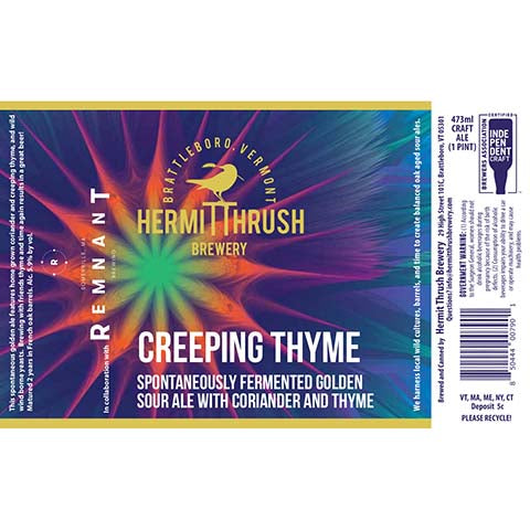 Hermit Thrush Creeping Thyme Golden Sour Ale by Hermit Thrush Brewery, beer label
