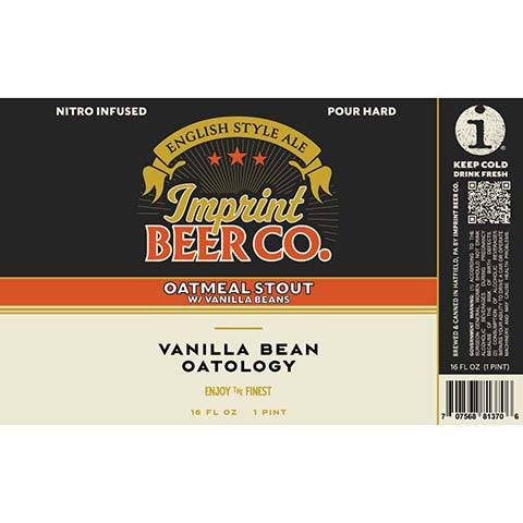 Imprint Vanilla Bean Oatology Oatmeal Stout by Imprint Beer Company, beer label