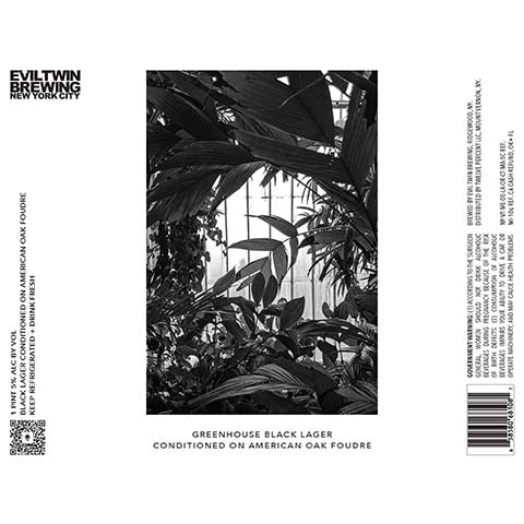 Evil Twin Greenhouse Black Lager Conditioned On American Oak Foudre by Evil Twin Brewing, beer label