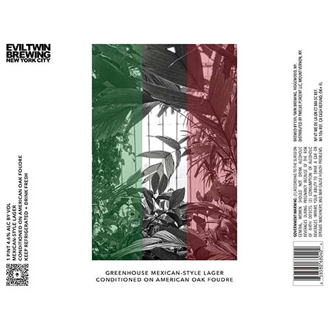 Evil Twin Greenhouse Mexican-Style Lager Conditioned On American Oak Foudre by Evil Twin Brewing, beer label