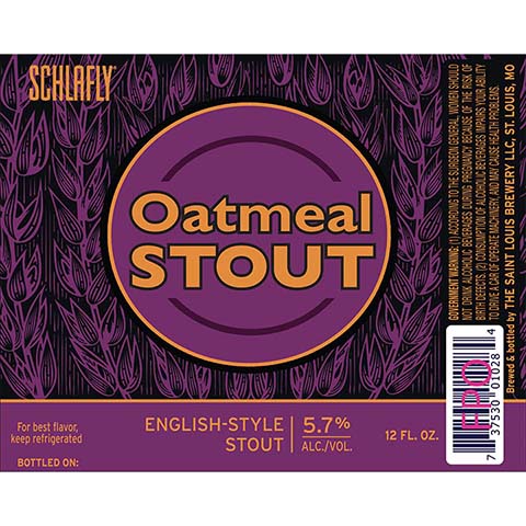 Schlafly Oatmeal Stout by The Saint Louis Brewery LLC., beer label