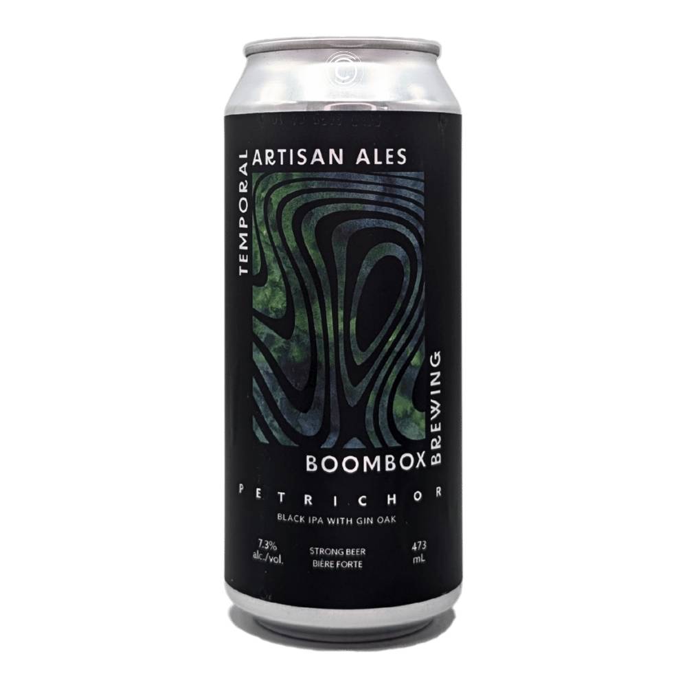 Petrichor Black IPA by Temporal Artisan Ales x Boombox Brewing Co., beer label