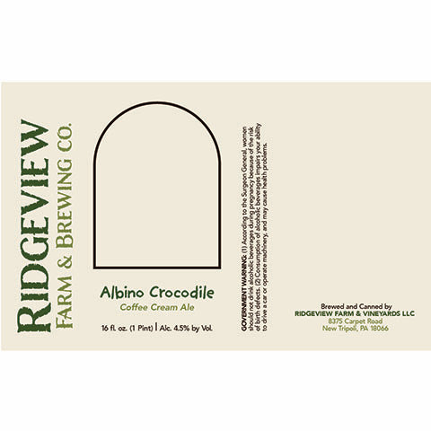 Ridgeview Farm Albino Crocodile Coffee Cream Ale by Ridgeview Farm & Brewing Co., beer label