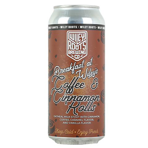 Wiley Roots Breakfast at Wiley's Coffee & Cinnamon Rolls Oatmeal Milk Stout by Wiley Roots Brewing Co, beer label