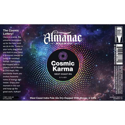 Almanac Cosmic Karma IPA by Almanac Beer Company, beer label