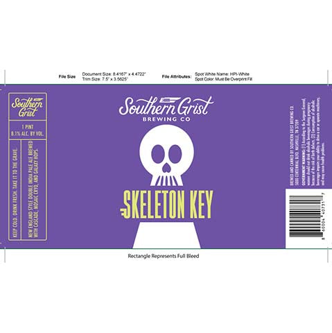 Southern Grist Skeleton Key DIPA by Southern Grist Brewing Company, beer label