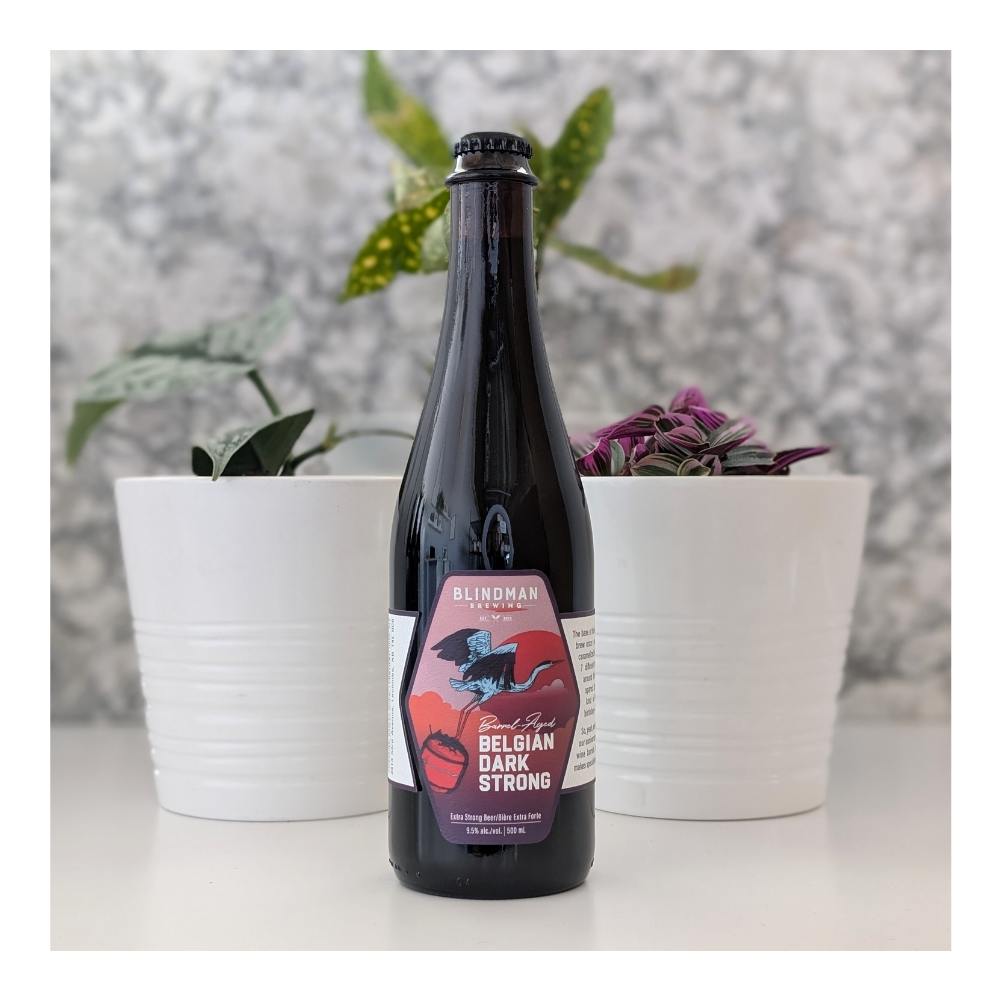 Brewing Red Wine Barrel-Aged Belgian Dark Strong by Blindman Brewery, beer label