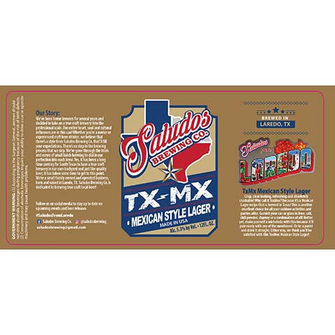 Saludos TXMX Lager by Saludos Brewing Co., beer label