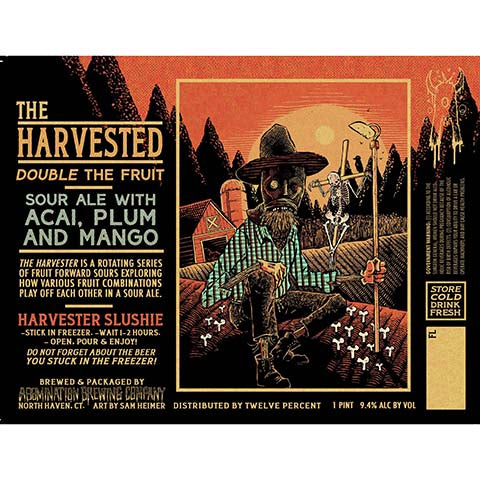 Abomination The Harvested Double The Fruit Sour Ale (acai, plum, and mango) by Abomination Brewing Company, beer label