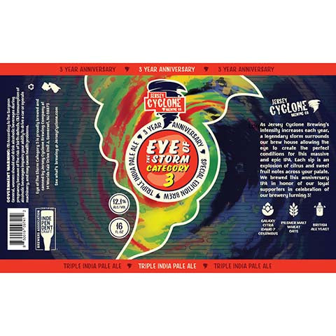 Jersey Cyclone Eye Of The Storm Category 3 TIPA by Jersey Cyclone Brewing Company, beer label