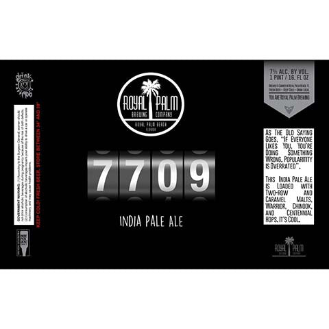 Royal Palm 7709 IPA by Royal Palm Brewing Company, beer label