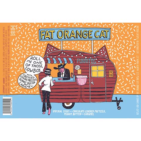 Fat Orange Cat Roll Me One of Those Cowboy, with Chocolate Covered Pretzels, Peanut Butter and Caramel Imperial Stout by Fat Orange Cat Brew Co, beer label