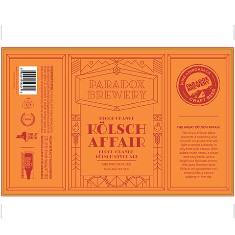 Paradox Brewery The Great Kolsch Affair: Blood Orange Kolsch by Paradox Beer Co, beer label