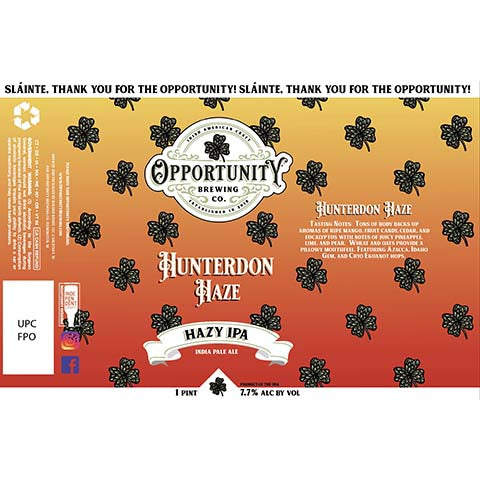 Opportunity Hunterdon Haze Hazy IPA by Opportunity Brewing Co., beer label