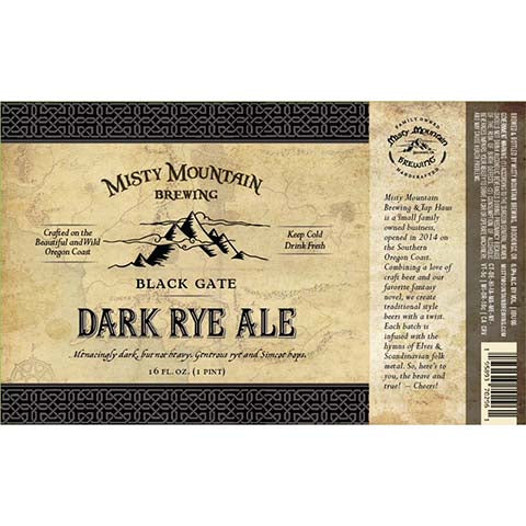 Misty Mountain Black Gate Dark Rye Ale by Misty Mountain Brewery, beer label