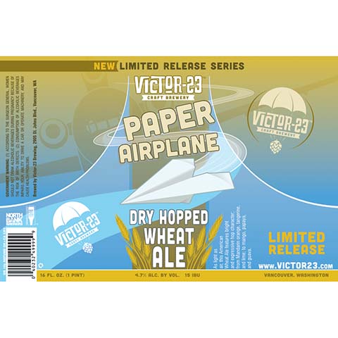 Victor 23 Paper Airplane Dry Hopped Wheat Ale by Victor 23 Craft Brewery, beer label
