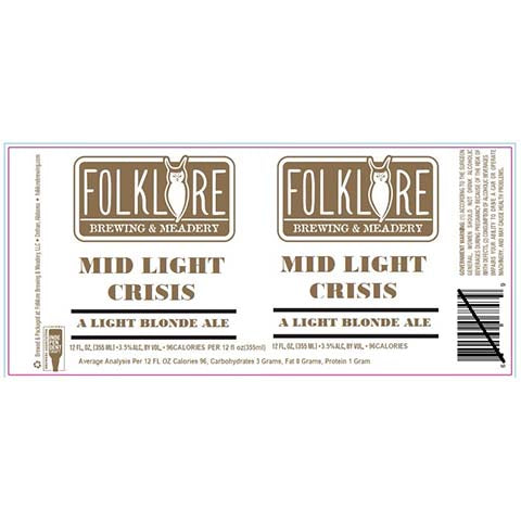 Folklore Mid Light Crisis Blonde Ale by Folklore Brewing & Meadery LLC., beer label
