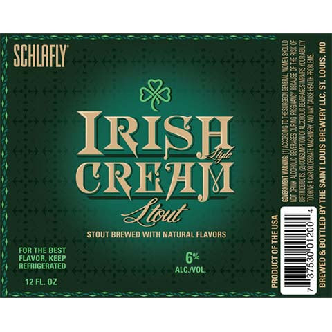 Schlafly Irish Cream Stout by The Saint Louis Brewery LLC., beer label