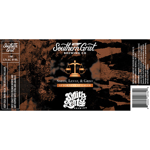 Southern Grist Smith, Lentz, & Grist: Attorneys At Lager by Southern Grist Brewing Company, beer label