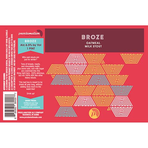 Proclamation Broze Oatmeal Milk Stout by Proclamation Ale Company, beer label