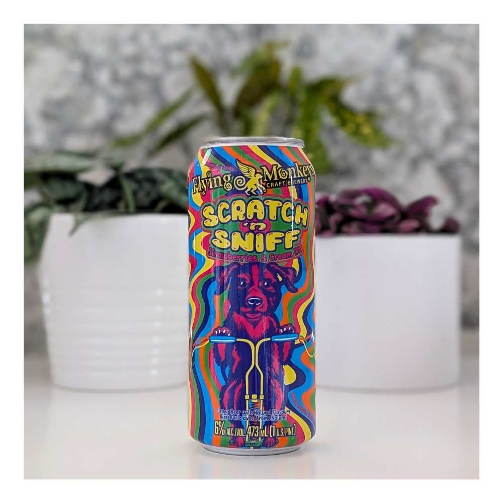 Scratch n' Sniff Strawberries & Cream IPA by Flying Monkeys Craft Brewery, beer label