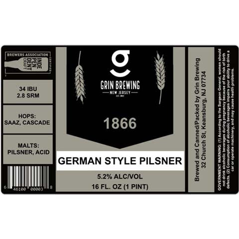 Grin 1866 Pilsner by Grin Brewing, beer label