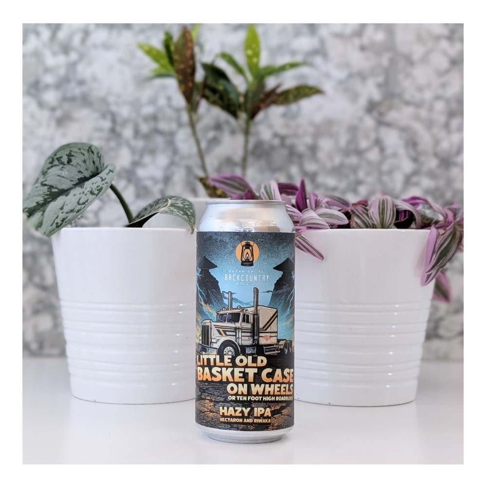 Little Old Basket Case On Wheels or the Ten Foot Tall Roadblock Hazy IPA by Backcountry Brewing, beer label