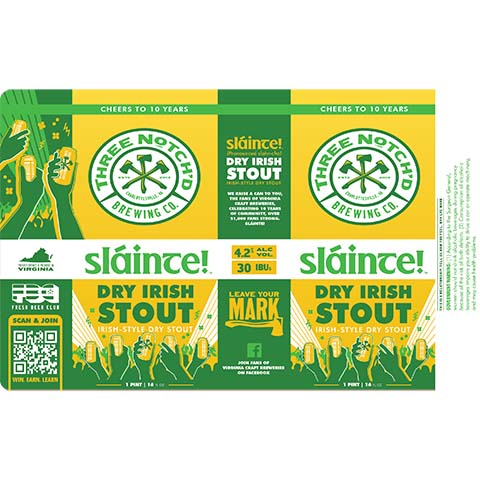 Three Notch'd Slaince Dry Irish Stout by Three Notch'd Brewing Company, beer label