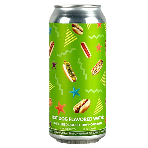 Knotted Root 'Hot Dog Flavored Water' unfiltered DDH IPA by Knotted Root Brewing, beer label