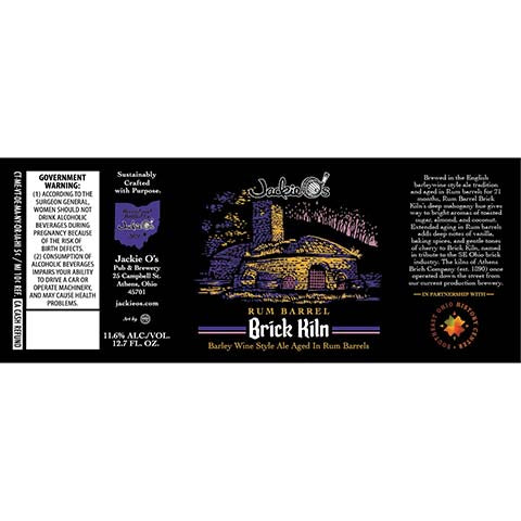Jackie O's Rum Barrel Brick Kiln Ale by Jackie O's Pub & Brewery, beer label