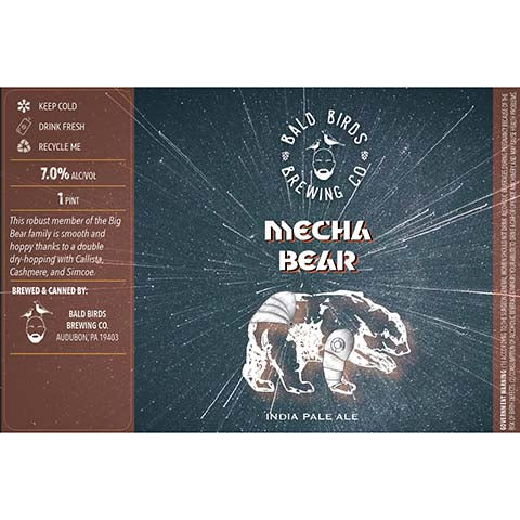 Bald Birds Mecha Bear IPA by Bald Birds Brewing Co., beer label