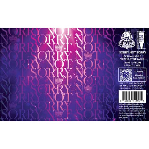 King Fox Sorry Not Sorry Lager by King fox Brewery, beer label