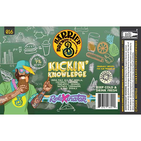 Barrier Kickin Knowledge Relaxinator IPA by Barrier Brewing Co, beer label