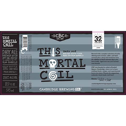Cambridge This Mortal Coil Dark Ale by Cambridge Brewing Co, beer label