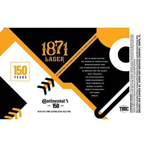 Tampa Bay 1871 Lager by Tampa Bay Brewing Co Brewpub, beer label
