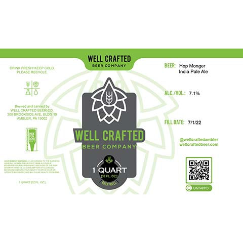 Well Crafted Hop Monger IPA by Well Crafted Beer Co., beer label