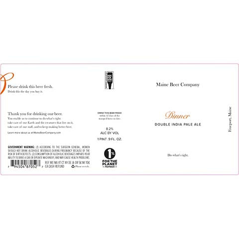 Maine Dinner DIPA by Maine Beer Co, beer label