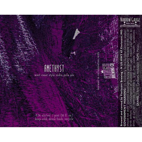 Narrow Gauge Amethyst West Coast IPA by Florissant Brewing, beer label