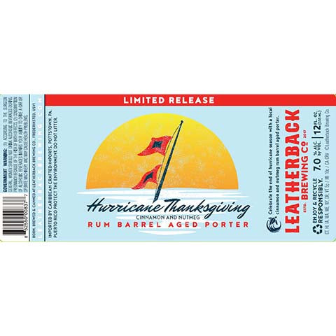Leatherback Hurricane Thanksgiving Cinnamon and Nutmeg Rum Barrel Aged Porter by Leatherback Brewing Co., beer label