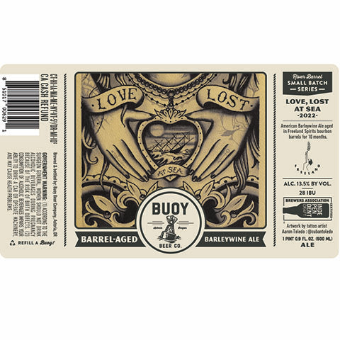 Buoy Love, Lost At Sea 2022 Barrel-Aged Barleywine Ale by Buoy Beer Company, beer label