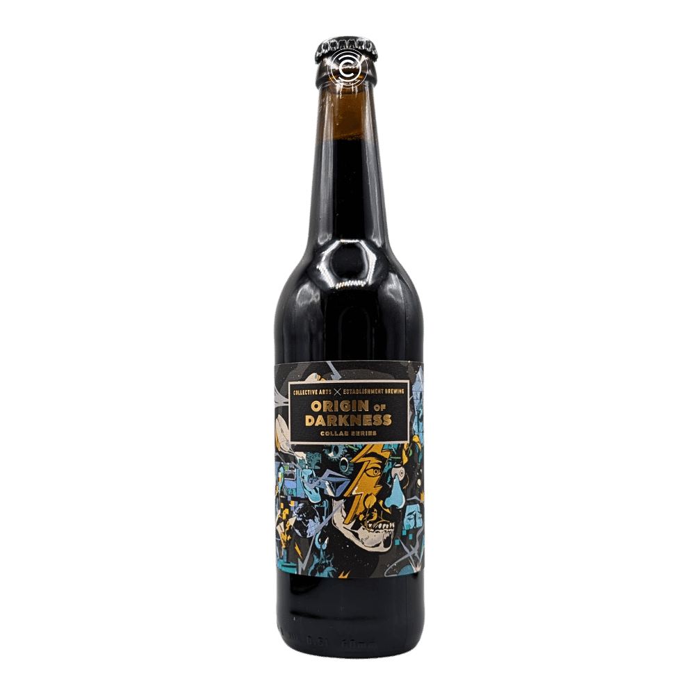 Origin of Darkness: Spanish Cedar & Bitter Orange Infused Imperial Stout by Collective Arts Brewing x The Establishment Brewing Company, beer label