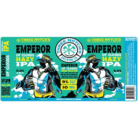 Three Notch'd Emperor of Clouds Hazy IPA by Three Notch'd Brewing Company, beer label