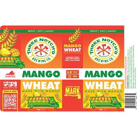 Three Notch'd Mango Wheat by Three Notch'd Brewing Company, beer label