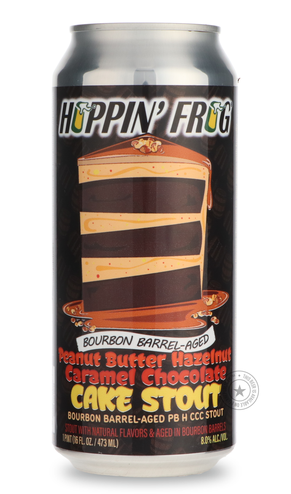 Bourbon Barrel-Aged Peanut Butter Hazelnut Caramel Chocolate Cake Stout by Hoppin' Frog, beer label