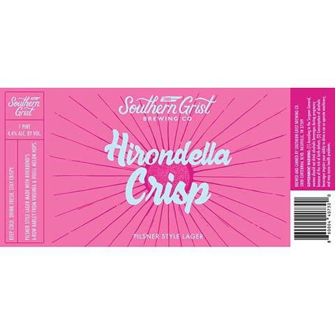 Southern Grist Hirondella Crisp Pilsner Lager by Southern Grist Brewing Company, beer label