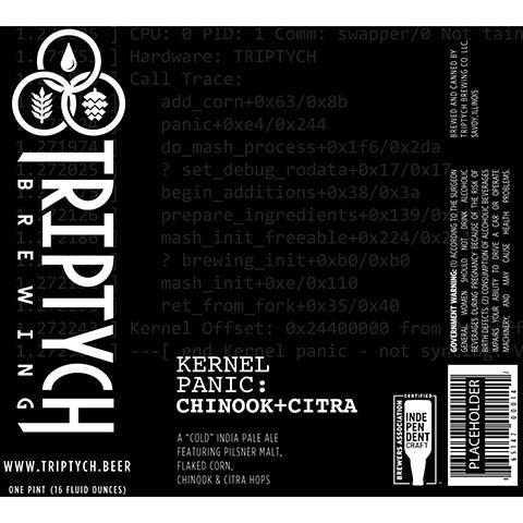 Triptych Kernel Panic: Chinook+Citra IPA by Triptych Brewing, beer label