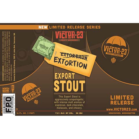 Victor 23 Extortion Export Stout by Victor 23 Craft Brewery, beer label