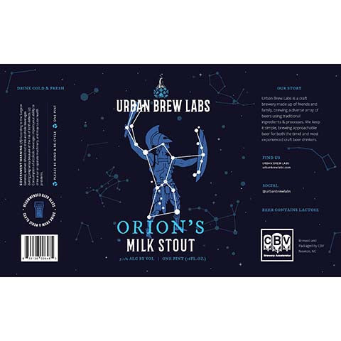 Urban Brew Labs Orion's Milk Stout by Urban Brew Labs, beer label